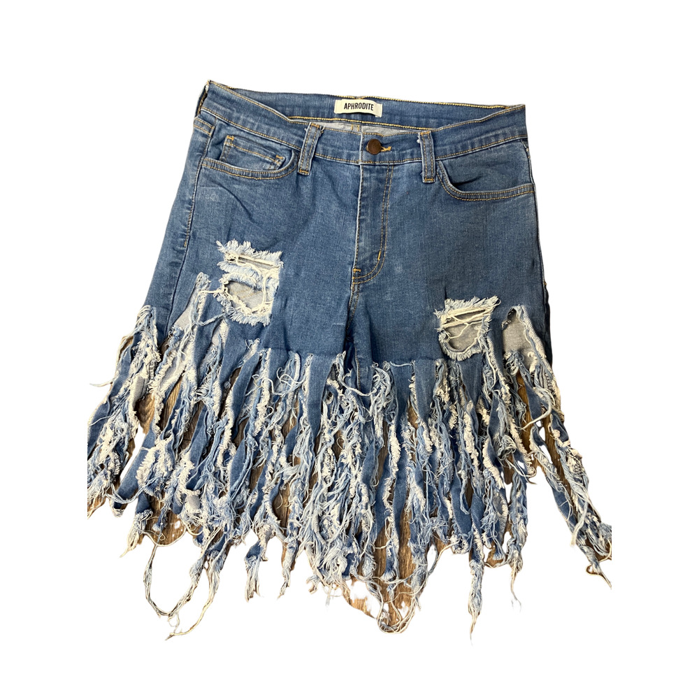 Aphrodite Blue Distressed Fringe Denim Shorts Size 13 Long Fringe
